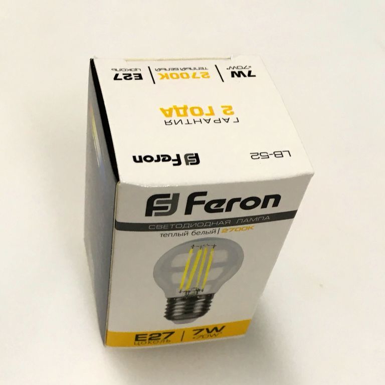 Лампа светодиодная LED 7вт Е27 теплый шар FILAMENT (LB-61) Feron