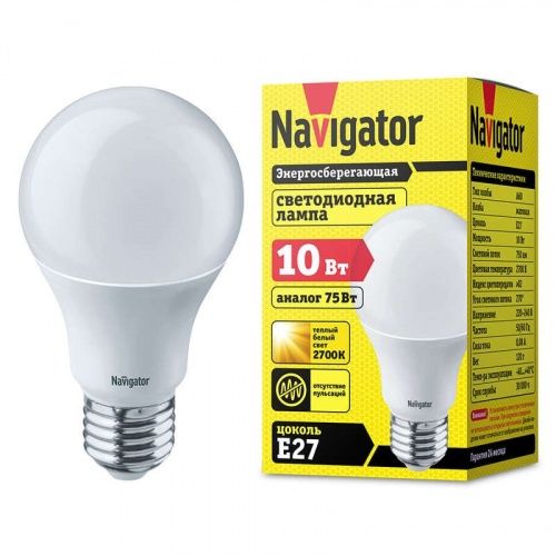 Лампа светодиодная LED 10вт 220в Е27 теплый Navigator 94387 NLL-A60