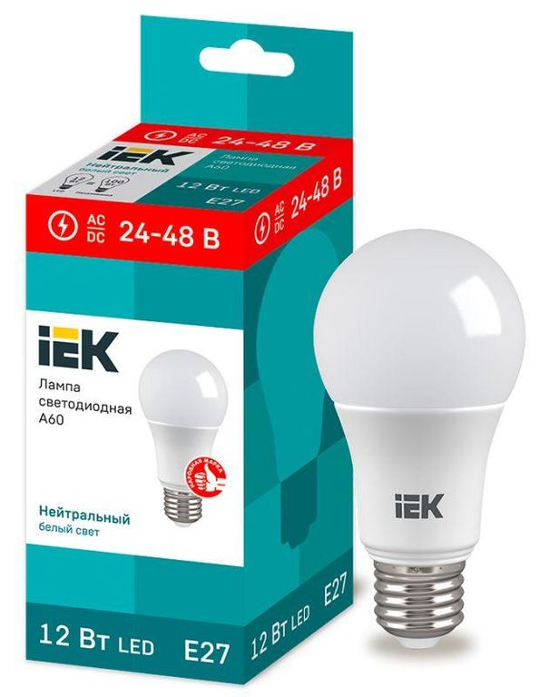 Лампа светодиодная 12 Вт A60 шар 24-48В 4000К нейтральный цвет белый E27 низковольтная IEK LLE-A60-12-24-48-40-E27