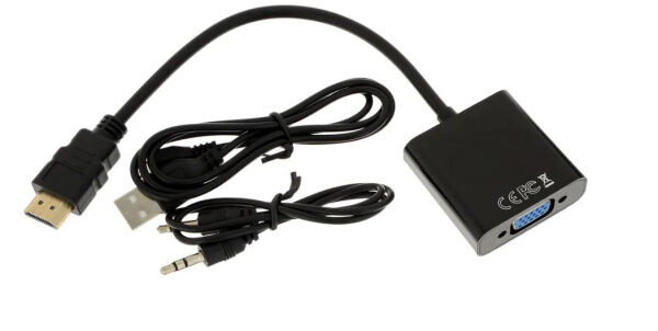 Переходник шт. HDMI - гн. VGA + гн.3,5, активный, шнур шт.3,5мм-шт.3,5мм в комплекте, чёрный GoPower