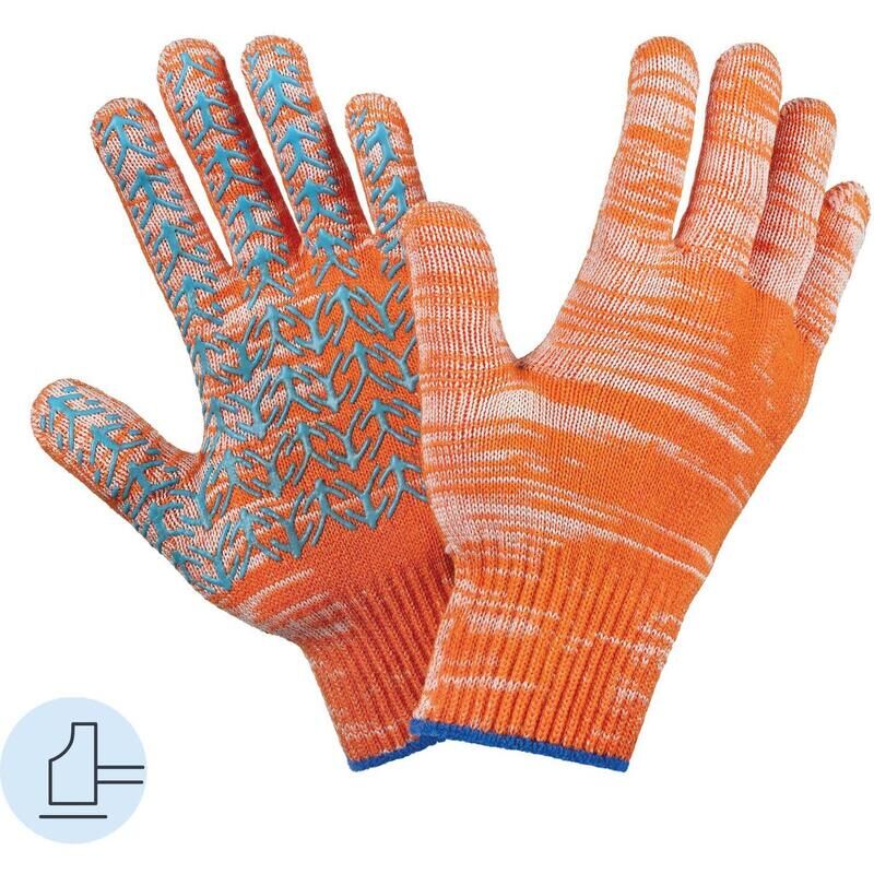 Перчатки рабочие защитные Елочка трикотажные с ПВХ покрытием оранжевые (6 нитей, 10 класс, универсальный размер) NoName