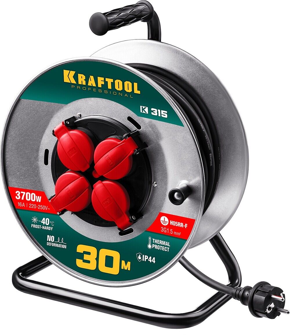 KRAFTOOL K-315, КГ, 3 x 1.5 мм2, 30 м, 3700 Вт, IP44, силовой удлинитель на стальной катушке (55085-30) 55085-30_z01