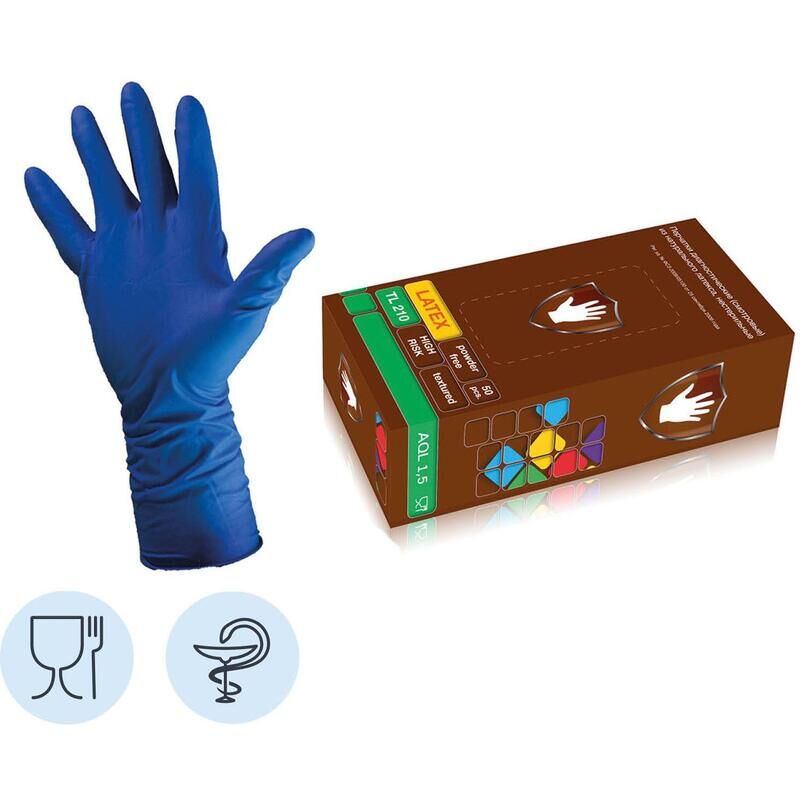 Перчатки медицинские смотровые S&C High Risk TL210 латексные неопудренные синие (размер M, 50 штук/25 пар в упаковке в у