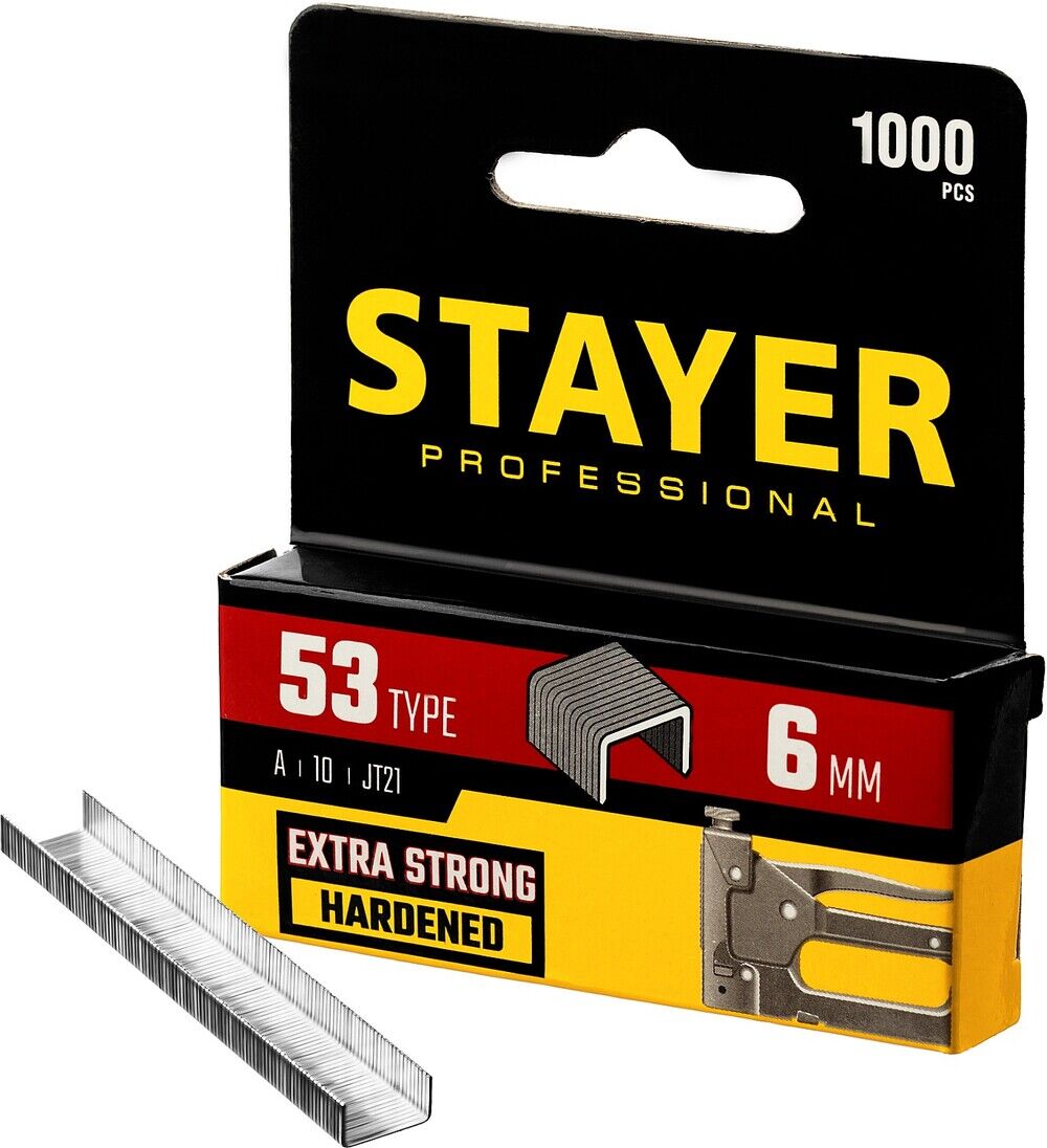 STAYER тип 53 (A/10/JT21), 6 мм, 1000 шт, калибр 23GA, скобы для степлера, Professional (3159-06) 3159-06_z02