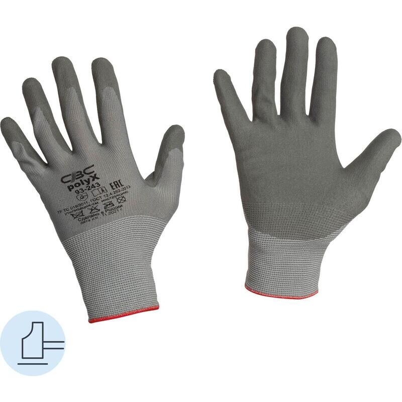 Перчатки рабочие защитные Polyx полиэфирные с полиуретановым покрытием серые (15 класс, размер 9, L) 93-243 СВС
