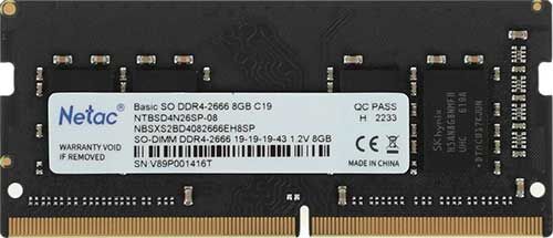 Оперативная память Netac DDR4 8Gb 2666MHz NTBSD4N26SP-08 Basic RTL PC4-21300 CL19 SO-DIMM 260-pin 1.2В single rank Ret