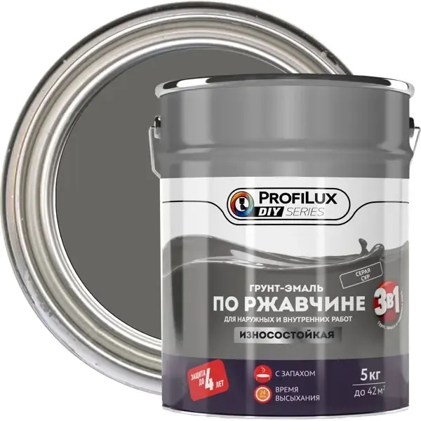 Грунт-эмаль 3 в 1 Profilux DIY гладкая цвет серый 5 кг PROFILUX None