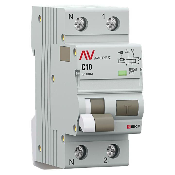Выключатель автоматический дифференциального тока 2п (1P+N) C 10А 10мА тип AC 6кА DVA-6 AVERES EKF rcbo6-1pn-10C-10-ac-a