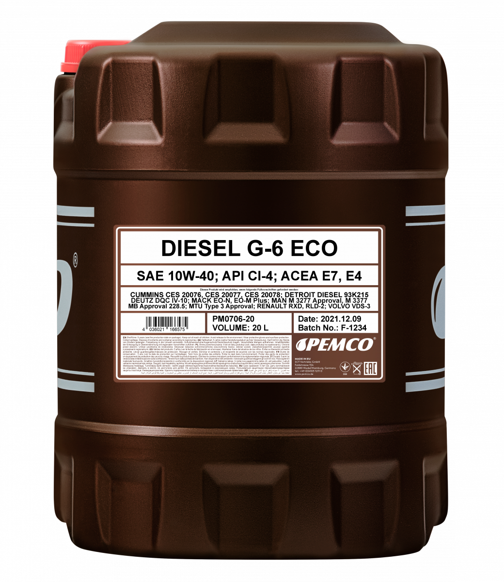 Моторное масло PEMCO DIESEL G-6 UHPD ECO 10W-40 CI-4 синтетическое, 20л (PM0706-20)