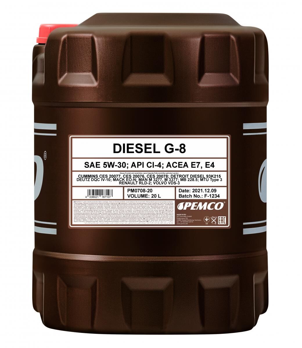 Моторное масло PEMCO DIESEL G-8 UHPD 5W-30 CL-4 синтетическое, 20л (PM0708-20)
