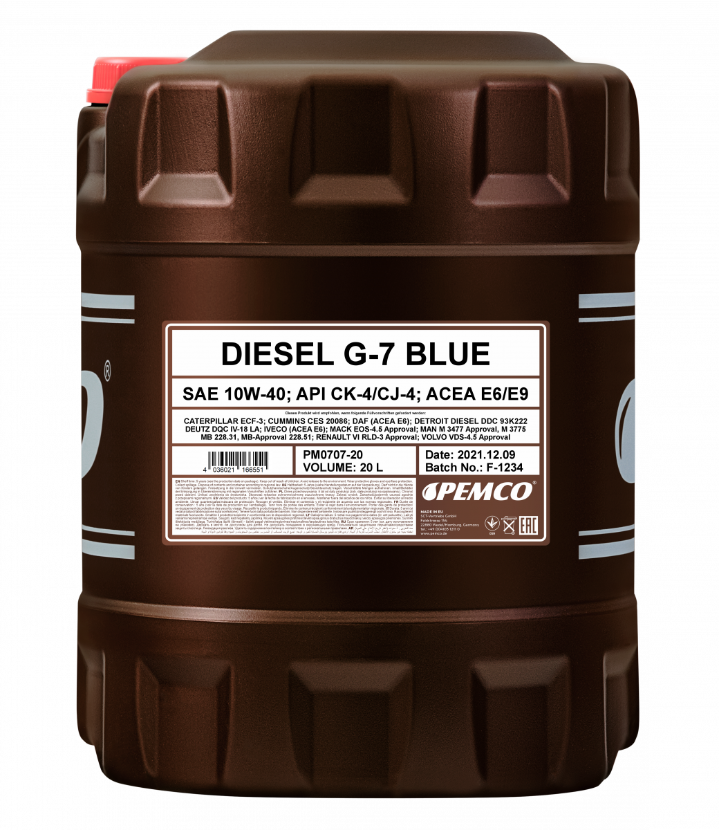 Моторное масло PEMCO DIESEL G-7 UHPD BLUE 10W-40 CK-4/CJ-4 синтетическое, 20л (PM0707-20)