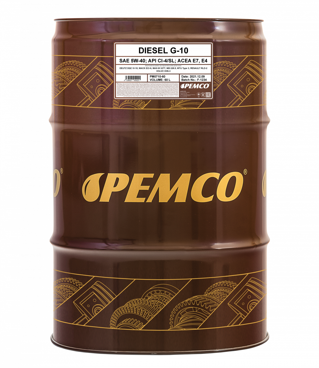 Моторное масло PEMCO DIESEL G-10 UHPD 5W-40 CI-4/SL синтетическое, 60л (PM0710-60)