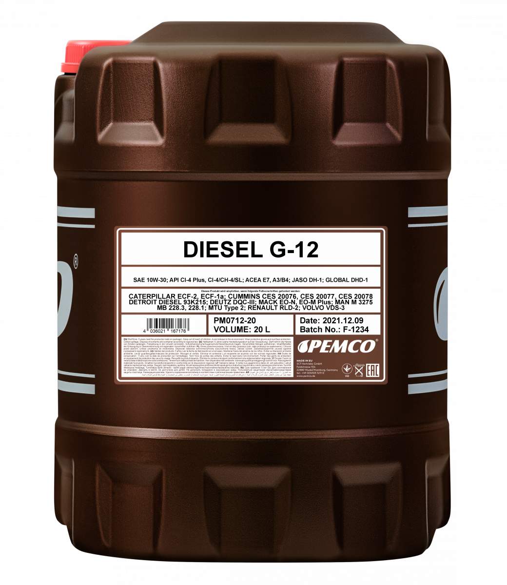 Моторное масло PEMCO DIESEL G-12 SHPD 10W-30 CI-4 Plus/CI-4/CH-4/SL полусинтетическое, 20л (PM0712-20)