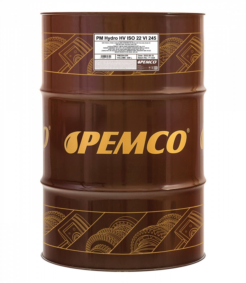 Гидравлическое масло PEMCO Hydro HV ISO 22 VI 245 синтетическое, 208л (PM2204-DR)