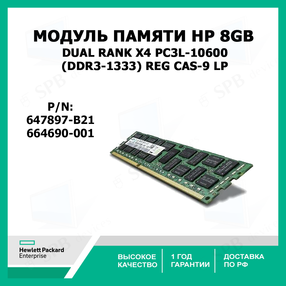 Модуль памяти HP 8 ГБ (1x8 ГБ) Dual Rank x4 PC3L-10600 (DDR3-1333) Reg CAS-9 LP (664690-001) (647897-B21)