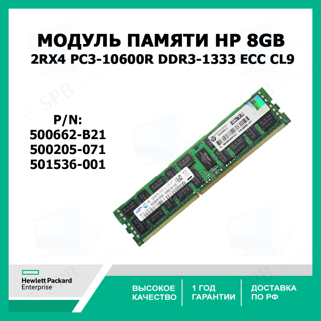 Оперативная память HP 8Gb 2Rx4 PC3-10600R DDR3-1333 ECC CL9 , 500205-071 , 501536-001 (500662-B21)