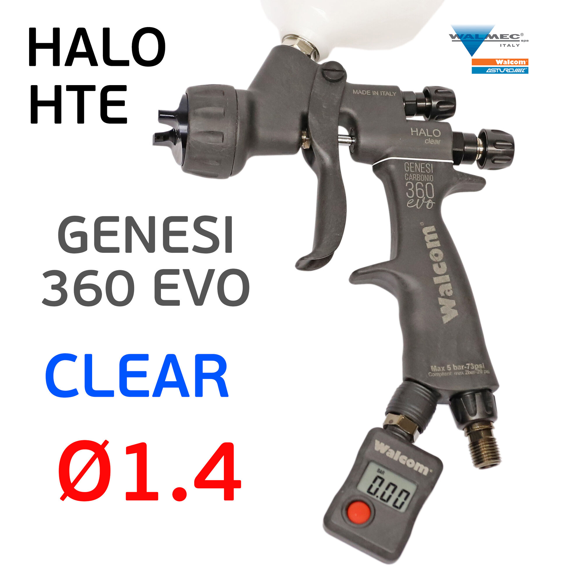 Краскопульт Walcom Genesi HTE Clear (1.4мм) Carbonio 360 EVO HALO для лака, верхний бачок, манометр