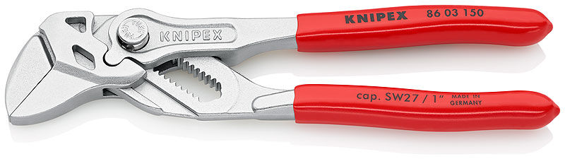 Клещи переставные-гаечный ключ, зев 27 мм, длина 150 мм, хром, обливные ручки Knipex KN-8603150