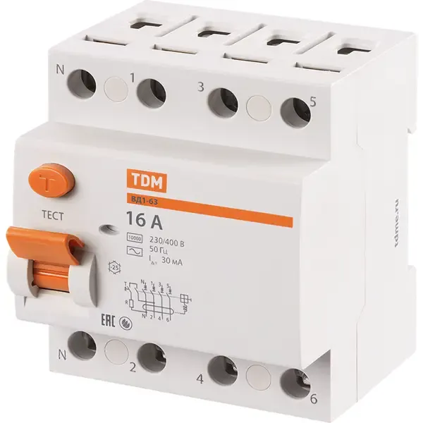 УЗО Tdm Electric ВД1-63 4P 16 A 30 мА 4.5 кА AC SQ0203-0028 TDM ELECTRIC