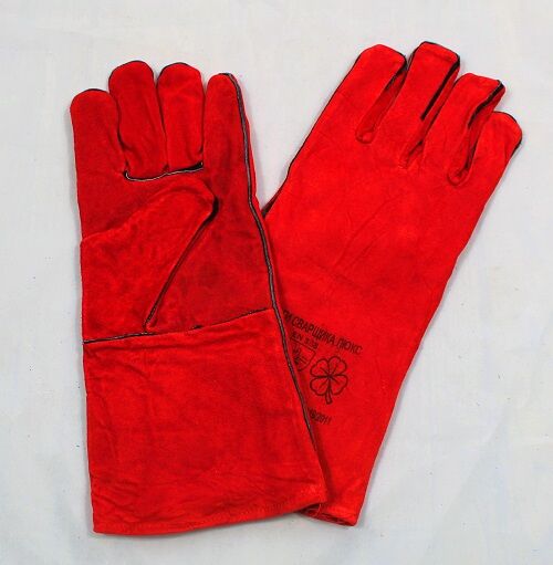 Перчатки Краги спилковые "ТРЭК" красные (фиолетовая подкладка)